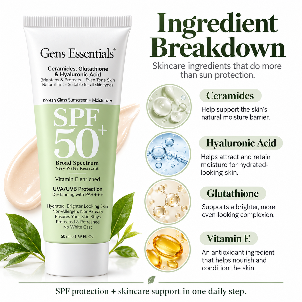 Gens Essentials Korean Glass Skin Sunscreen + Moisturizer SPF 50+ PA++++