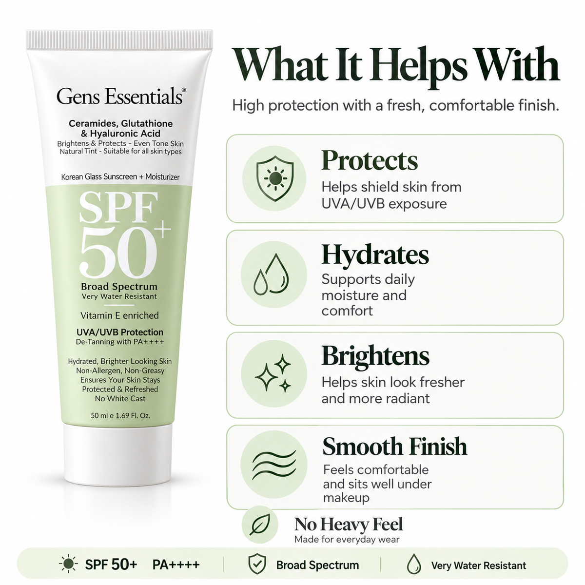 Gens Essentials Korean Glass Skin Sunscreen + Moisturizer SPF 50+ PA++++