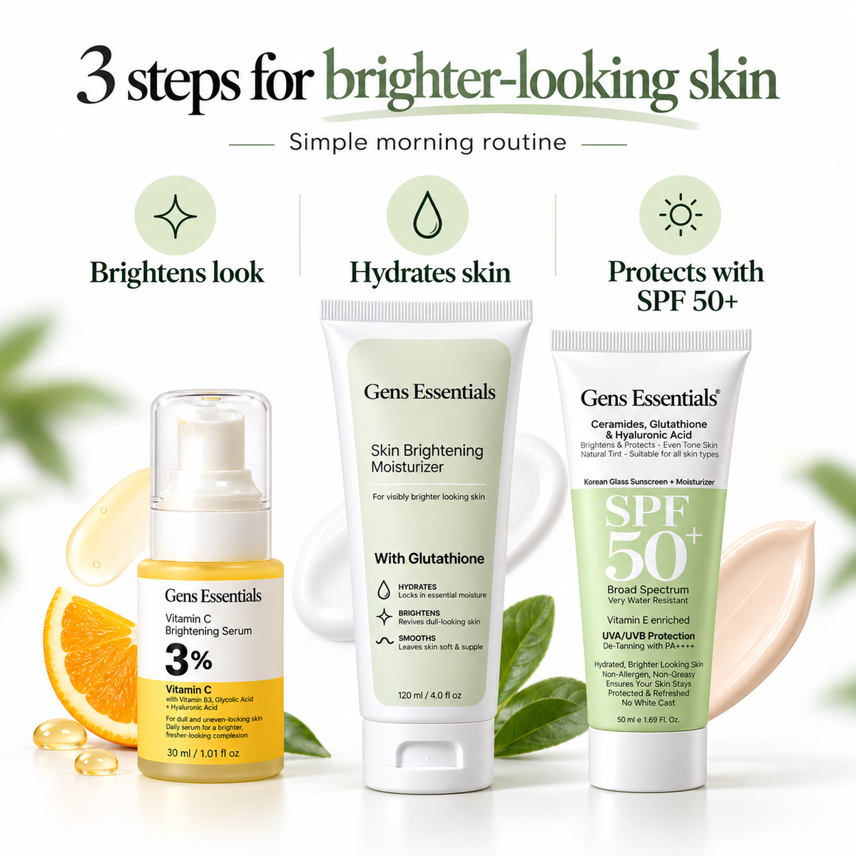 Complete Glow Trio Vitamin C Brightening Serum + Skin Brightening Moisturizer + Glass Skin SPF 50+