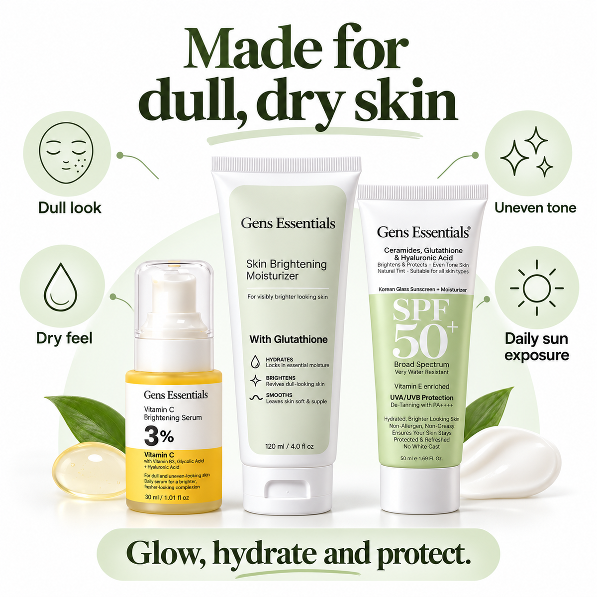 Complete Glow Trio Vitamin C Brightening Serum + Skin Brightening Moisturizer + Glass Skin SPF 50+