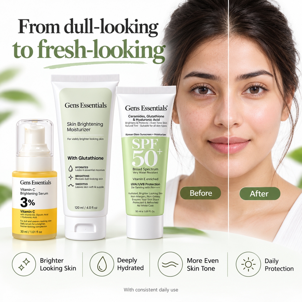 Complete Glow Trio Vitamin C Brightening Serum + Skin Brightening Moisturizer + Glass Skin SPF 50+