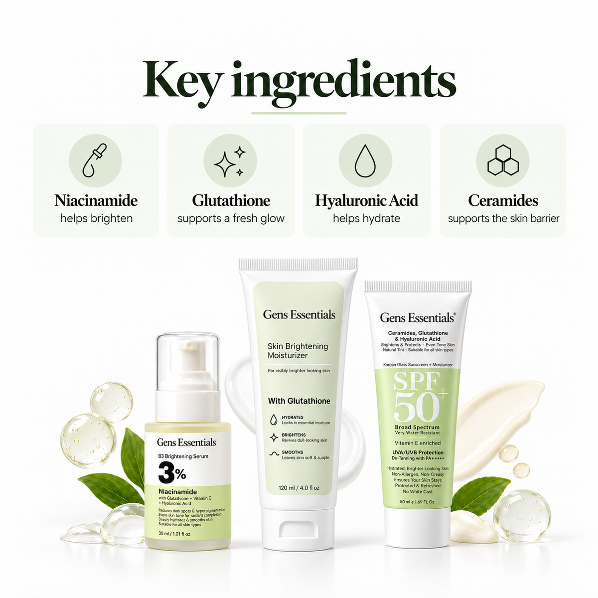 Clear Tone Trio B3 Niacinamide Serum + Skin Brightening Moisturizer + Glass Skin SPF 50+
